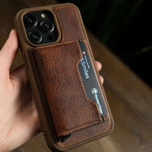Norveç | Mekanizmalı ve Magsafe özellikli Hakiki Deri Slim Kartlık - Taba (Kahverengi)
