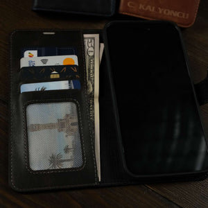 Rusya | Hakiki Deri Kapaklı Kartlıklı ve Para Bölmeli Telefon Kılıfı - Siyah